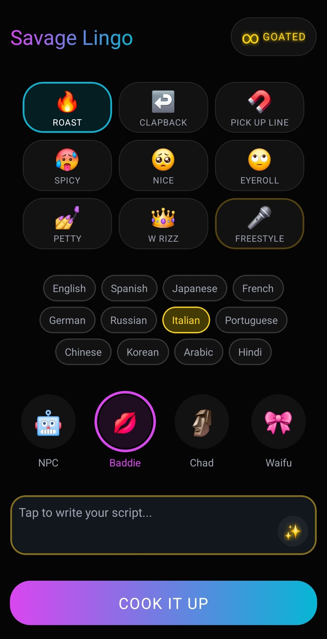 Savage Lingo App - Choose vibes, languages, and voice personas